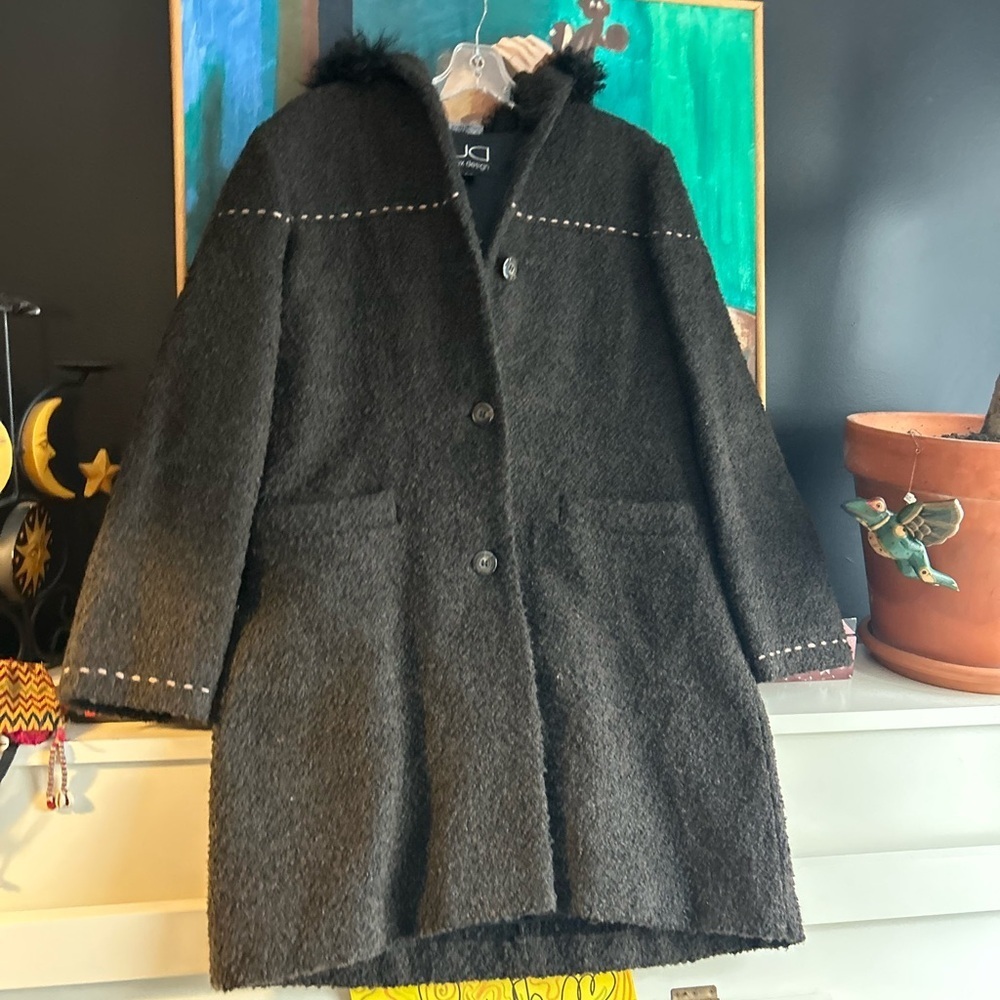 Utex Design Wool Blend Boucle Hooded Coat S Brown Black Trim Made in Romania - Picture 3 of 12
